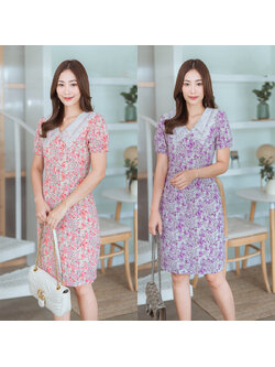 kudapy เดรสสั้นสีม่วง/ชมพู คอวีปกพับผ้าใส่สบายสวยดูดี คุณหนู