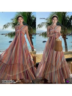 kudapy แมกซี่เดรสลายสลับสี ซิปหลัง + ยางยืด เนื้อผ้า คอตตอน แบบน่ารักทันสมัย งานใส่สบาย