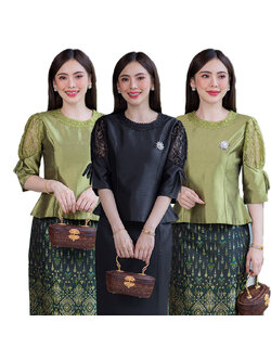 kudapy เสื้อสัดำ/สีเขียว ผ้าไหม4เส้น ตัดแต่งลูกไม้ ทรงแขนบอลลูน ทุกสีใส่แล้วขับผิว ดูดีมีออร่า (เฉพาะเสื้อ)