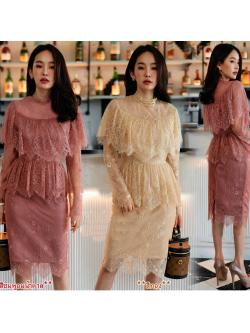 kudapy ชุดออกงาน เซท 2ชิ้น เสื้อ+กระโปรงลูกไม้สั้น สีชมพูอมน้ำตาล/สีทอง แขนยาว เนื้อผ้าลูกไม้เนื้อนิ่ม