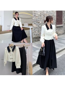 kudapy เซ็ทเสื้อครอปสีครีมแต่งปกสีดำ+กระโปรงยาวจับจีบใหญ่เอวสูงทรงเข้ารูป