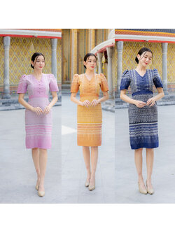 kudapy เดรสสั้นสีกรม/สีชมพู/สีเหลือง ผ้าทอไทยประยุกต์ งดงามแบบฉบับหญิงไทยสมัยใหม่ ดูน่ามอง คอวี ทรงสวย เรียบร้อย สีละมุน