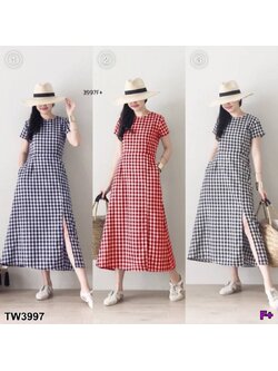 kudapy แม็กซี่เดรส ยาว งานผ้าทอลายสก็อตแขนสั้น ทรงหรู ดูน่ารักฝุุดๆ มีซิปหลัง