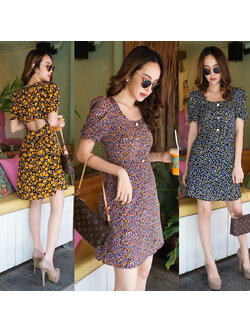 kudapy เดรสสั้นสีม่วง,สีเหลือง,สีฟ้าลายดอก แขนพอง ทรงยอดฮิตมากๆค่ะ มีซับใน