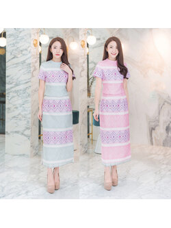 kudapy เดรสยาวผ้าไทยสีชมพู/สีเขียว คอกลมลายไทยใส่สบายสวยดูดี