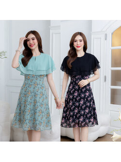 kudapy เดรสสั้นสีดำ/สีเขียว ผ้าชีฟอง ระบายสองชั้น ลายใหม่แพทเทิร์นยอดฮิต สวยพริ้ว ตัวเดรสเป็นชีฟองลายดอกสวย ตัดกับชีฟองสีพื้น