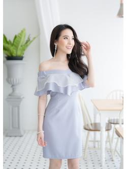 kudapy เดรสสั้นออกงานสีเทา เดรสสั้นเปิดไหล่ แต่งระบายไหล่ผ้าแก้ว ทรงสวย มีซับใน ซิบหลังนะคะ S