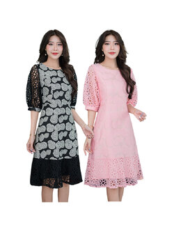 kudapy เดรสลายดอกลูกไม้ตามแบบสีชมพู สีดำ แขนสั้นพองทรงสวย เก็บเอวอย่างดี มีซับใน ซิบหลังอย่างดีค่ะ