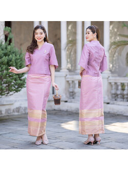 kudapy ชุเซ็ทเสื้อผ้าไหมแพรทิพย์เกรดพรีเมี่ยมอัดกาว ผ้าถุงเย็บสำเร็จทอลายอัดกาว ตะขอซิปหลัง