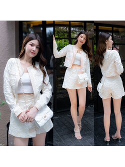 kudapy เซ็ทเสื้อแขนยาวสีครีม/สีเหลือง แต่งขอบมีกระเป๋า+กระโปรงกางเกง