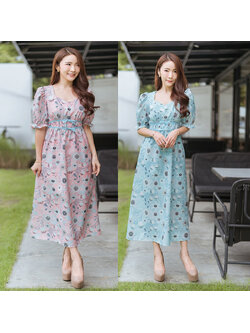 kudapy เดรสยาวสีชมพู/สีเขียว สม็อคคอวีแขนบาร์บี้สวยดูดี