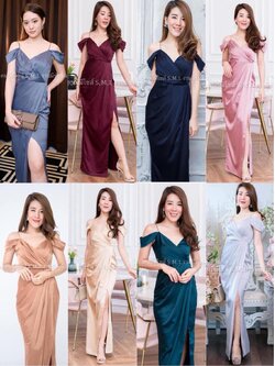 kudapy ชุดราตรียาวเปิดไหล่สายเดี่ยว ปิดแขนคิมเบอรี่ ผ้าเครปซาติน สีชมพูเผือก ,น้ำเงินสด ,กรมอมเทา,เขียวแก่