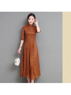 kudapy เดรสยาว คอจีนต้อนรับปีใหม่ ใส่ตรุษจีน (น้ำตาล)