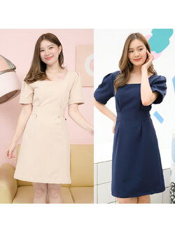 kudapy เดรสสั้นสีครีม/สีกรม ทรงเอ คอเหลี่ยม แพทเทิร์นเข้ารูปเอว มีโบว์ให้ผูกด้านหลังตามขนาดเอวจริง