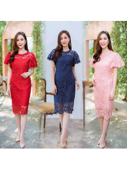 kudapy เดรสสั้นไปงานลูกไม้แขนระบาย เดรสสั้นสีชมพู/สีแดงสด/สีกรมท่า ใส่ออกงานผ้าลูกไม้ปักเลื่อม ซับในอย่างดีเก็บทรงเอเข้ารูป