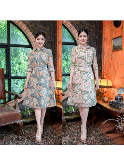 kudapy เดรสสั้นสีฟ้า/สีส้ม สไตล์เชิ้ต สวยเท่คอปก งานผ้าชีฟองลายดอกไม้