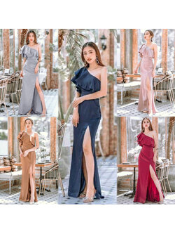 kudapy Maxi Dress แม็กซี่เดรสยาวสีกรม/สีชมพู/สีน้ำตาล/สีเทา/สีแดง ชุดออกงาน เดรสไหล่เบี่ยง ระบาย งานซิปหลัง ผ้าซาร่าเงา