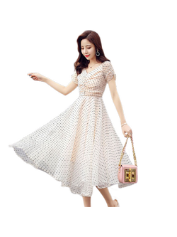 ชุดเดรสยาวคลุมเข่าสีครีม ผ้าชีฟองเนื้อดี พิมพ์ลายจุดสีดำเล็กๆๆ XL