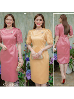 kudapy เดรสสั้นสีชมพูมะเหมี่ยว /สีทอง งานผ้าไหมญี่ปุ่นอัดกาว บุซับในทั้งตัว ผ่าหลังใส่สบาย ตรงแขนแต่งด้วยลูกไม้เนื้อพรีเมี่ยม