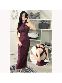 kudapy เดรสยาวสีม่วงผ้าวิ้งค์รัดรูปคอไขว้ด้านหลังเว้าเก๋สวยเซ็กซี่