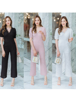 kudapy จั๊มสูทสีขาว/สีชมพู/สีดำ ลูกไม้ขายาวเว้าอก