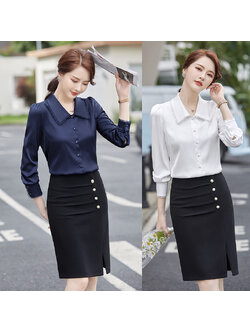 kudapy เสื้อเชิ้ตทำงานผู้หญิงสีขาว/สีกรมเข้ม คอบัวงานปักปกแขนยาว จุดเด่นของเสื้อตัวนี้ตัวเสื้อเป็นทรงเข้ารูปทรงสวย (เฉพาะเสื้อ)