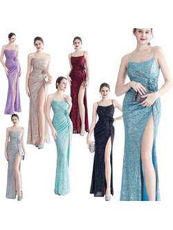 kudapy ชุดราตรียาวสายเดี่ยวผ้ากริสเตอร์ ยืดตามตัว สีครีมเงิน,สีครีมโรสโกลด์,สีม่วง,สีดำ,สีขียวมินท์,สีแดงเบอร์กันดี้,สีฟ้า