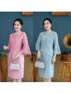 kudapy เดรสสั้น ผ้าไหมเสื้อลูกไม้ใยบวบ งานสวยดีไซน์เรียบ แขนเป็นทรงแขนยาวห้าส่วนดีเทลปลายแขนระบาย สวยแบบเรียบหรู