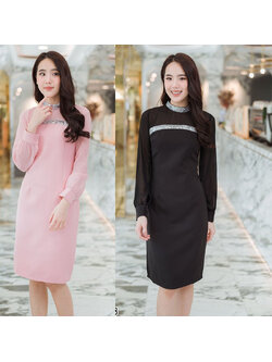 kudapy เดรสสั้นสีชมพู,สีดำ แขนยาวแต่งคอสายคาดอกสวยดูดีใส่สบาย