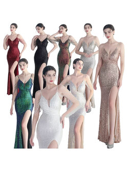 kudapy ชุดราตรียาวสายเดี่ยวปักเพชรสีทองโรสโกลด์,สีเขียว,สีแดงเบอร์กันดี้ ผ่าหน้า ผ้ากริสเตอร์ ยืดตามตัว