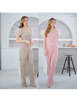 kudapy จั๊มสูทขายาวสีน้ำตาล/สีชมพู ลูกไม้แขนระบายผ้าสวยใส่สบายดูดีน่ารัก