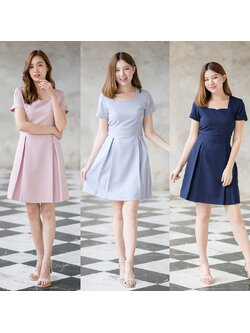 kudapy เดรสสั้นสีกรม/สีเทาฟ้า/สีชมพู โบว์หลังสุดคิ้วท์ แพทเทิร์นเข้ารูปเอว มีโบว์ให้ผูกด้านหลังตามขนาดเอวจริง ด้านหน้าดีไซน์คอรูปหัวใจ
