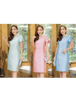 kudapy เดรสสั้นเขียวมิ้น /ฟ้า/ชมพู ชิ้นเดียวแต่งแขนสองชั้น งานผ้าไหมอิตาลีสังเคราะห์ชับในซาติน
