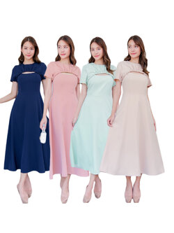 kudapy Midi dress คอกลม แขนสั้น จีบเกลียวอก คัตติ้ง เอวสูง กระโปรงบาน