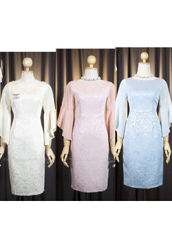 kudapy เดรสสั้นสีชมพู/สีฟ้า/สีกรม คอกลม แขนชีฟองปลายแขนไล่ระดับ ทรงเรียบหรู กระโปรงทรงสอบ ผ่าหลัง