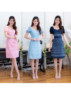 kudapy เดรสสั้นสีชมพู/สีกรม/สีฟ้า ผ้าลายไทยทรงเอแขนตุ๊กตา แต่งกระดุมหน้า ใส่สบาย สวยดูดี
