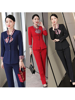 kudapy ชุดสูททำงานผู้หญิงสีดำ/สีกรม/สีแดง ไม่มีปกแต่งผ้าพันคอแขนยาวพร้อมกางเกง