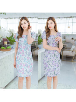 kudapy เดรสสั้นสีชมพู/สีม่วง เข้ารูปแขนตุ๊กตาลายกุหลาบสวยใส่สบาย