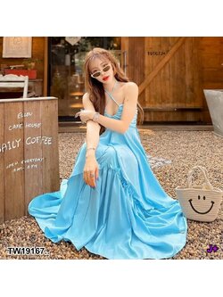 kudapy Set 2 ชิ้น เสื้อเกาะอก + กระโปรงยาวแต่งระบาย ชุดเที่ยวทะเล