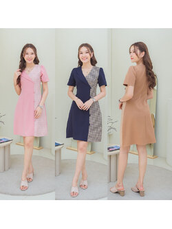 kudapy เดรสสั้นสีชมพู/สีกรม/สีน้ำตาล ทูโทนลายสก๊อต ทรงเข้ารูป มีซับใน งานซิปด้านหลัง