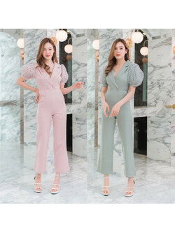 kudapy จั้มสูทขายาวสีเขียว/สีชมพู แขนตุ๊กตาลายจุด ผ้าสวยใส่สบายดูดี