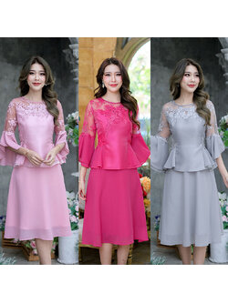 kudapy เดรสสั้นสีชมพูบานเย็น/สีเทา/สีชมพู เป็นงานผ้าไหมแต่งลูกไม้ + ผ้าชิฟฟ่อน ดีเทลมากมายตกแต่งสวยหวาน