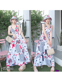 kudapy แม็กซี่เดรสคล้องคอผูกสีดำ สีแดง ผ้าไหมอิตาลี่ พิมลายไพ่ทั้งชุด เอวสม็อคหลัง