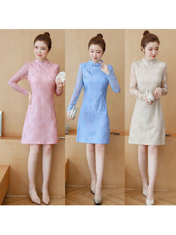 kudapy เดรสสั้นชมพู/สีครีม/สีฟ้า ลูกไม้ เดรสทรงตรงเข้ารูป คอจีน แขนยาว แนวเรียบร้อย สวยดูดี ชุดเดรสทำงาน ชุดเดรสออกงาน