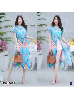 kudapy เดรสยาวคลุมเข่า ไปทะเล เดรสไปทะเลผ่าหน้า ผ่าข้าง ปกเชิ้ตแขนเบิ้ล