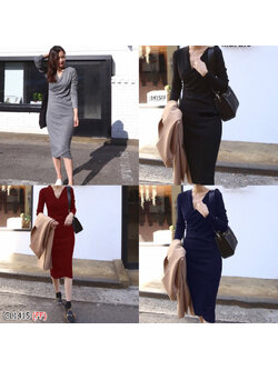 kudapy เดรสยาวสีเทา/สีกรม/สีแดง คอวีป้ายหน้าสวยเก๋ งานผ้าคอตตอลแมงโก้ งานแขนยาวใส่กันหนาวได้