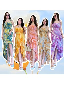 kudapy เดรสลายพาสเทล 2 in 1 ผูกไหล่ & ผูกคอ หน้าสั้นหลังยาวแวกหน้า งานผ้าไหมอิตาลีผ้าพริ้ว กระโปรงเย็บระบายชายเพิ่มดีเทล