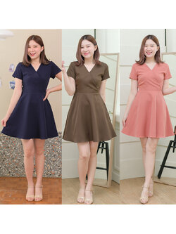 kudapy เดรสสั้นสีกรม/สีน้ำตาลเข้ม/สีส้มอิฐ คอแหลม ตัดต่อป้ายหน้ากิโมโน กระโปรงทรงวงกลม มีซับในกระโปรง