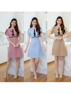 kudapy เดรสสั้นสีชมพู/สีฟ้า/สีน้ำตาล ผ้าพื้นโบว์ดำ ใส่สบาย