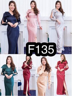 kudapy ชุดราตรียาวคอวี ผ่าแขน แต่งโบว์ที่ไหล่ เก็บเอวทรงเข้ารูป ผ้าซาร่า สีชมพู ,เทา ,ฟ้า